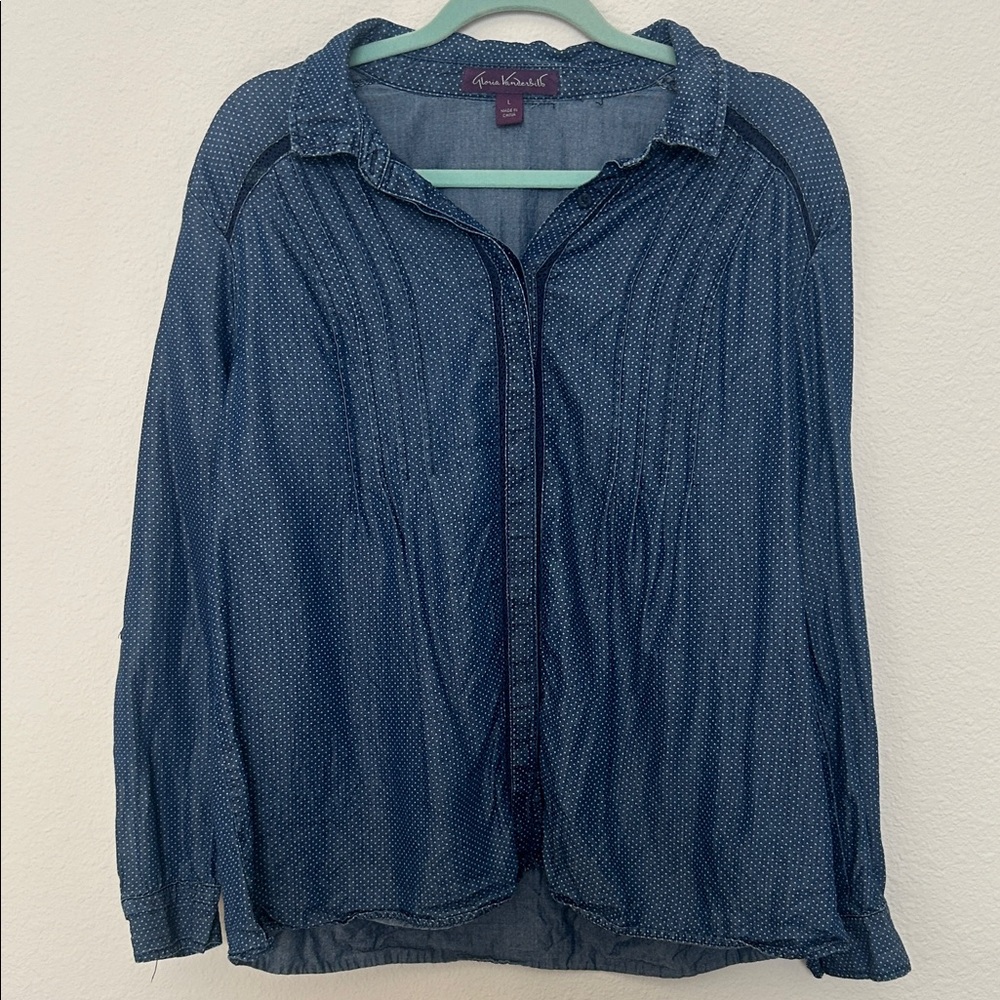 Gloria Vanderbilt Large Blue and White Polka Dot Button Up Shirt Blouse